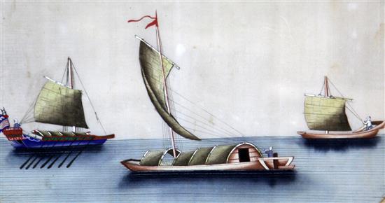 Three Chinese pith paintings of boats, 19th century, images 18.5 x 31cm, tears